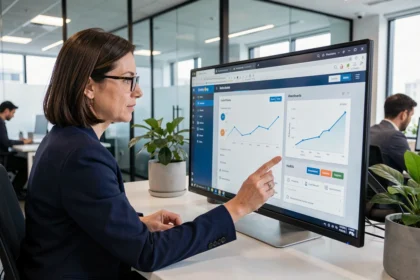 Une professionnelle utilisant une application personnalisée sur PowerApps dans un bureau moderne