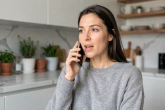 Femme utilisant la recherche vocale sur son smartphone dans une cuisine moderne, illustrant l'évolution des requêtes vocales