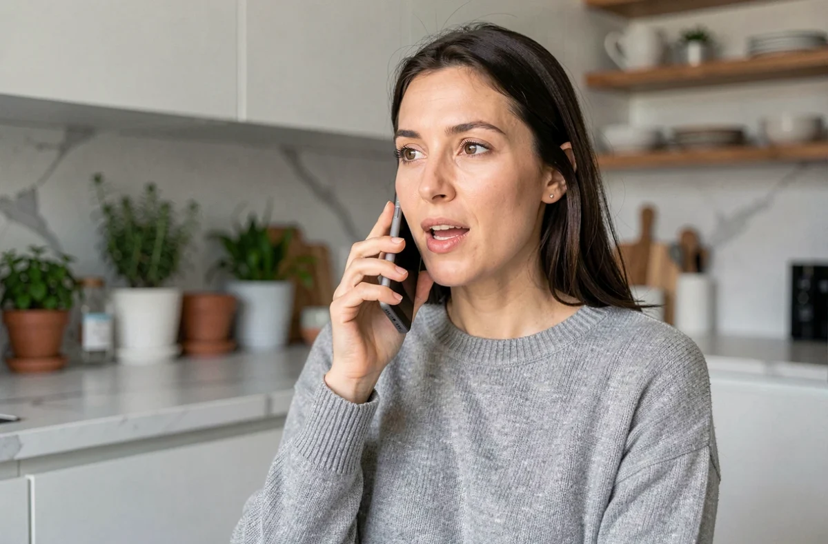 Femme utilisant la recherche vocale sur son smartphone dans une cuisine moderne, illustrant l'évolution des requêtes vocales