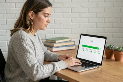 Femme travaillant sur un ordinateur portable affichant une sauvegarde automatique dans le cloud depuis un bureau à domicile