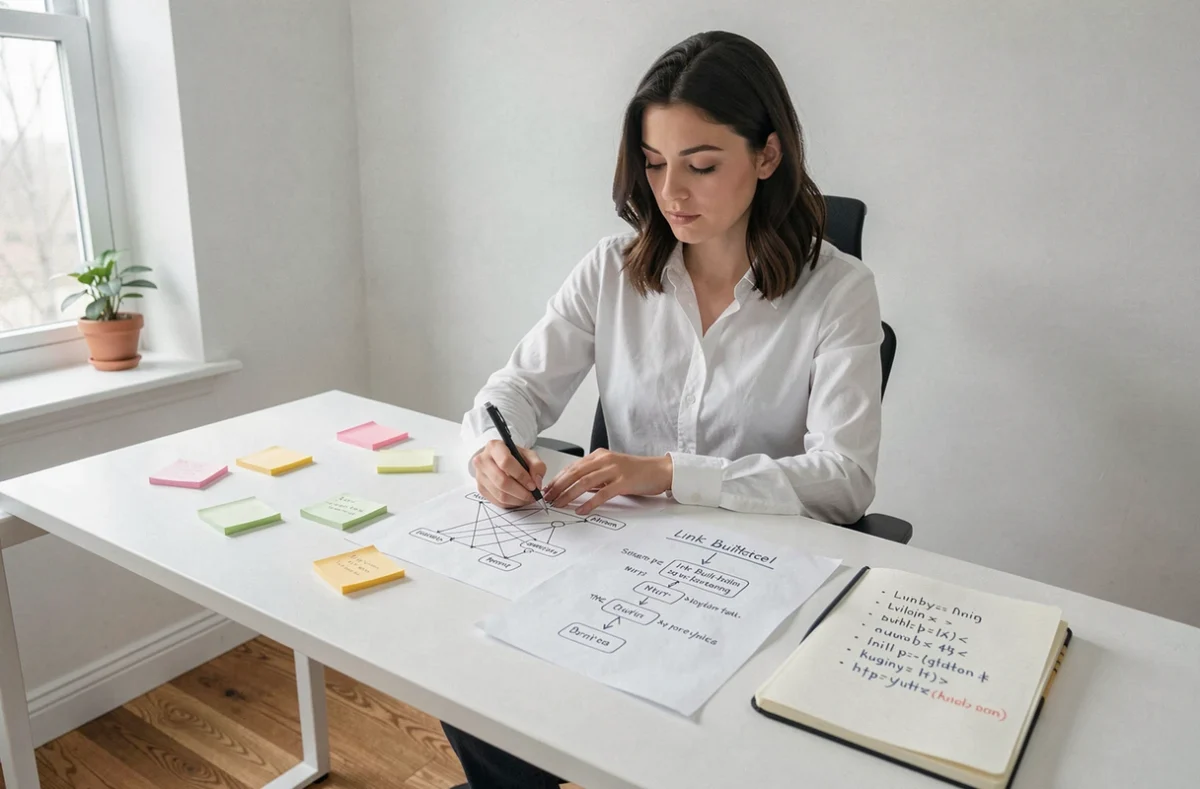 Une femme travaillant sur une stratégie de netlinking avec des schémas de liens dessinés sur papier dans un bureau à domicile