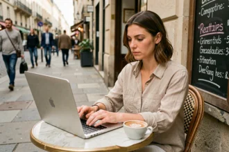 Femme utilisant un ordinateur portable sur un réseau wifi public dans un café en plein air, exposant potentiellement ses données sensibles