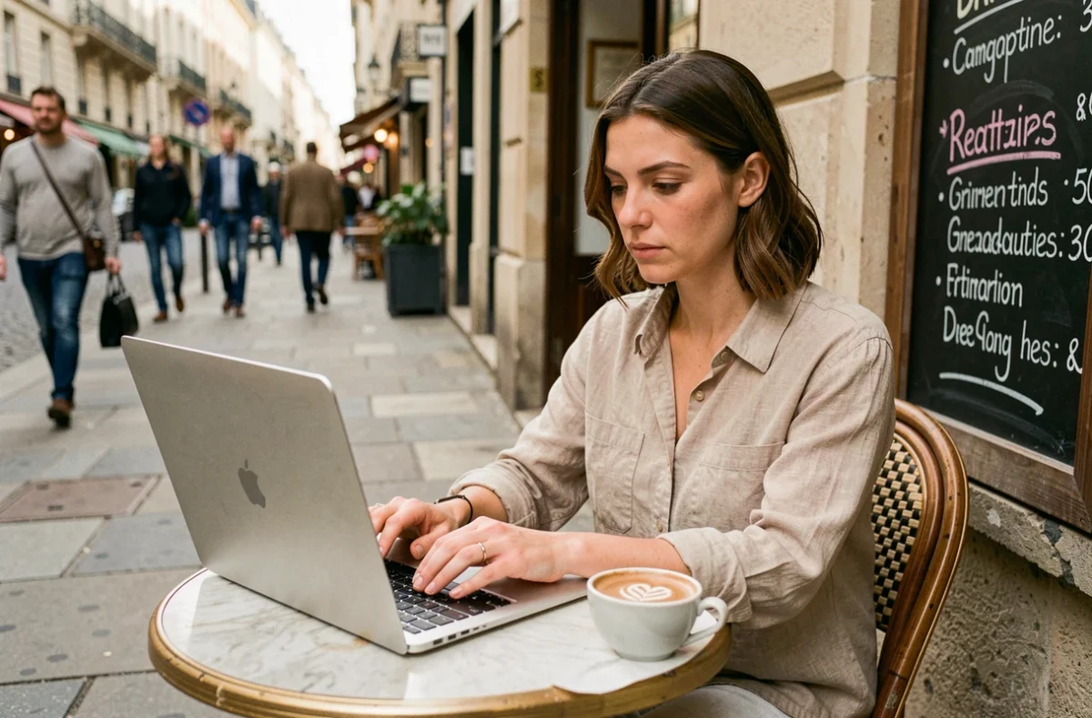 Femme utilisant un ordinateur portable sur un réseau wifi public dans un café en plein air, exposant potentiellement ses données sensibles
