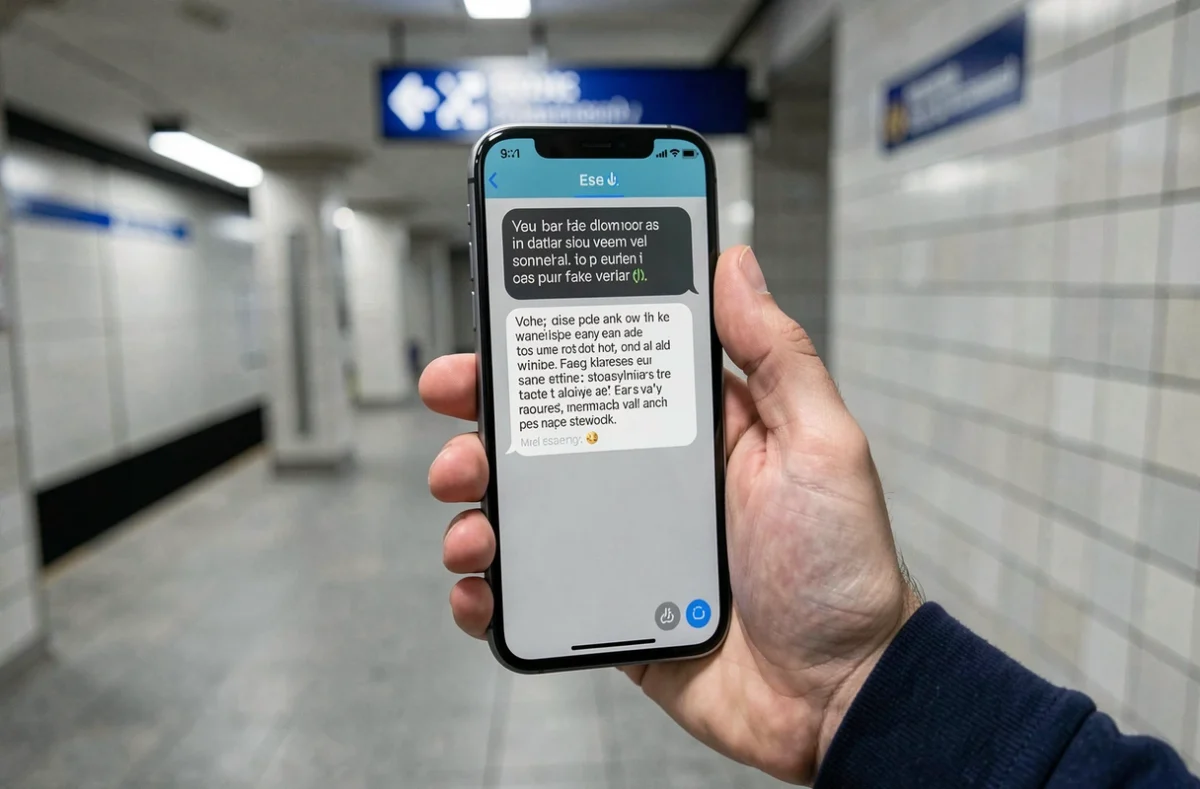 Gros plan d'un SMS frauduleux affiché sur un smartphone tenu près d'une entrée de métro en ville