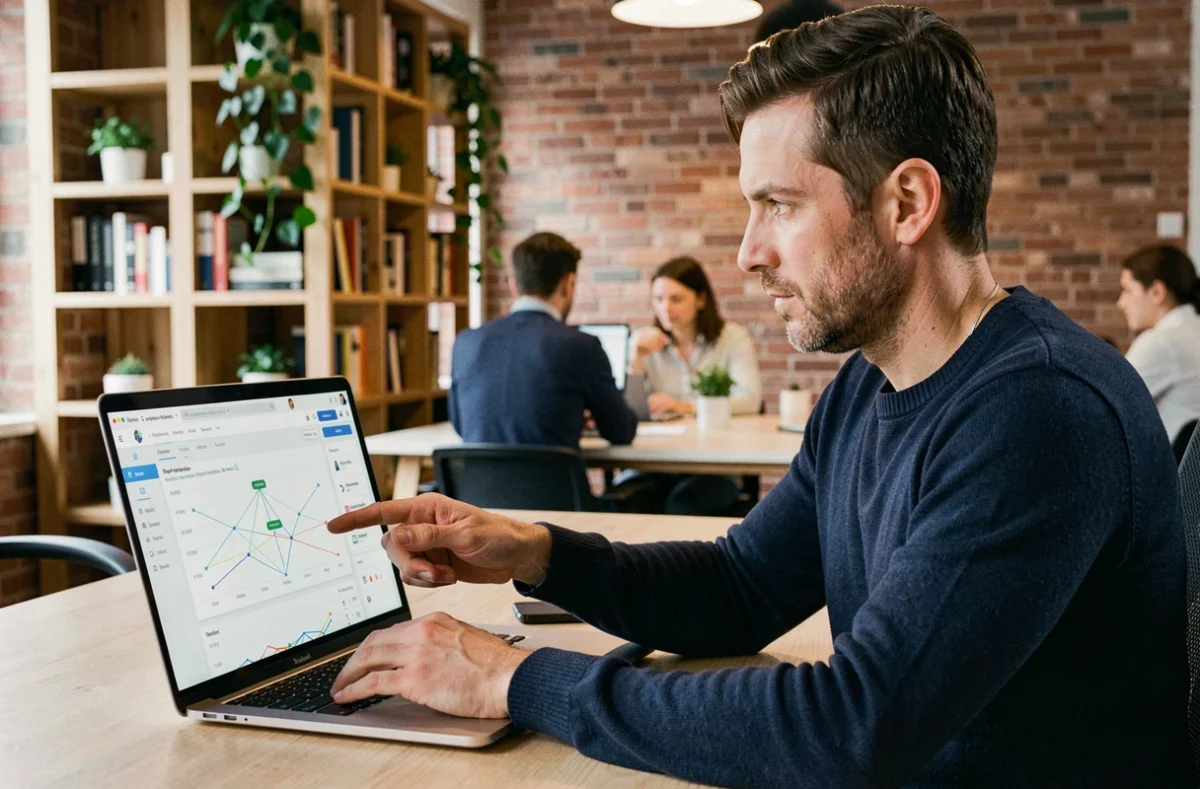 Un homme pointant un tableau de bord d'analyse web illustrant les backlinks et les connexions entre sites internet