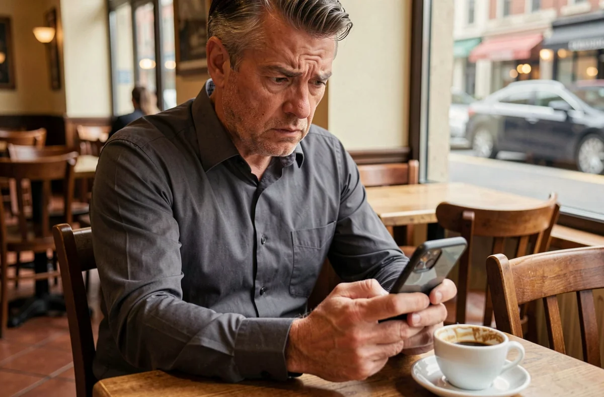 Homme d'affaires découvrant un SMS frauduleux sur son téléphone dans un café parisien