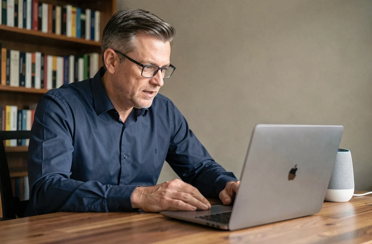 Homme d'affaires utilisant un assistant vocal connecté dans un bureau à domicile pour effectuer une recherche en ligne