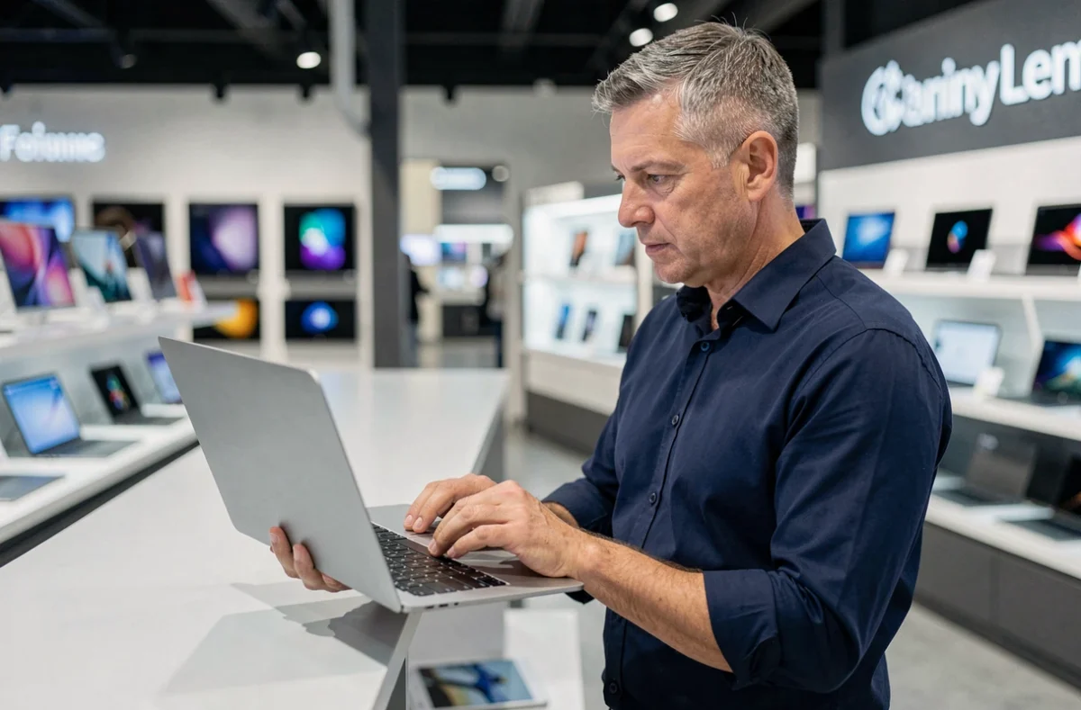 Homme examinant un ordinateur portable dans un magasin d'électronique pour faire le meilleur choix en 2026