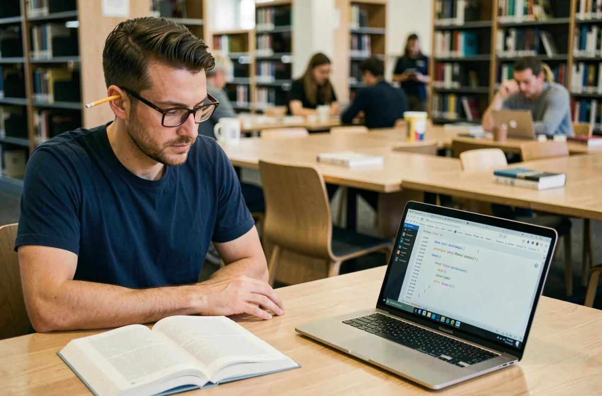 Homme adulte débutant en programmation qui étudie un manuel de code dans une bibliothèque publique moderne