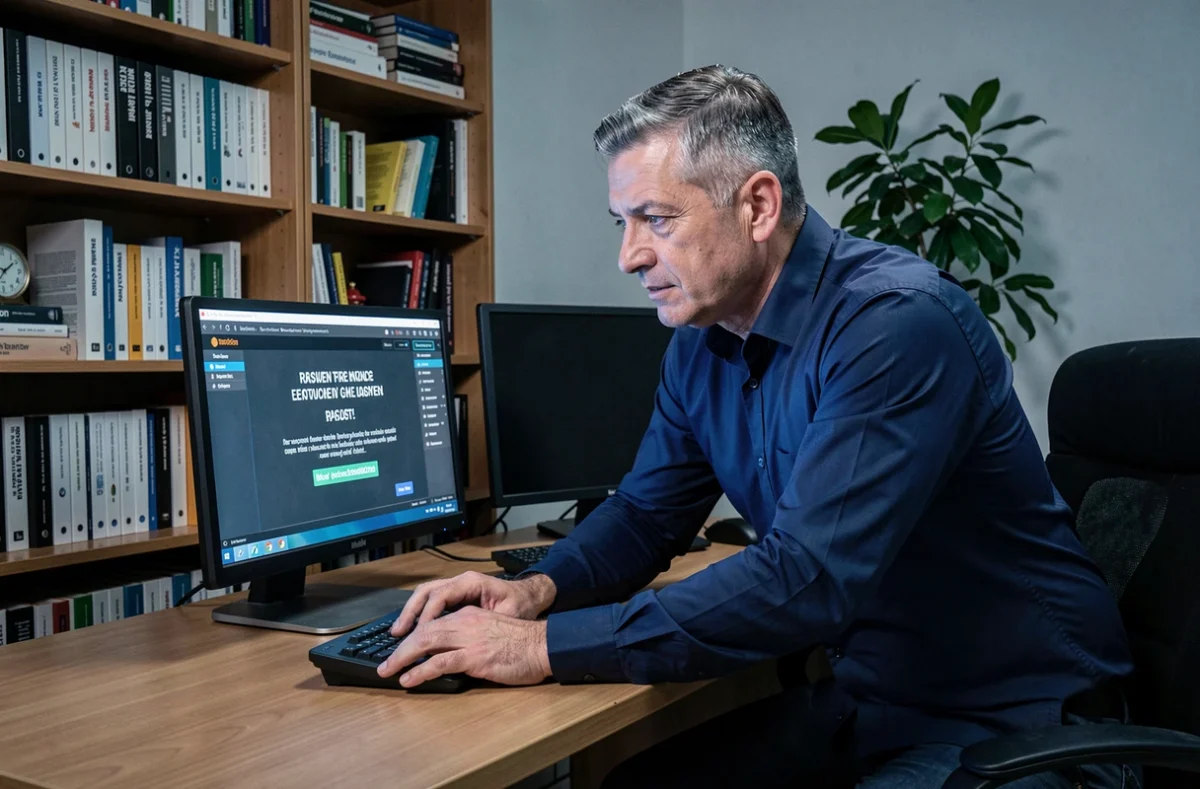 Homme stressé découvrant une demande de rançon sur son ordinateur de bureau à domicile