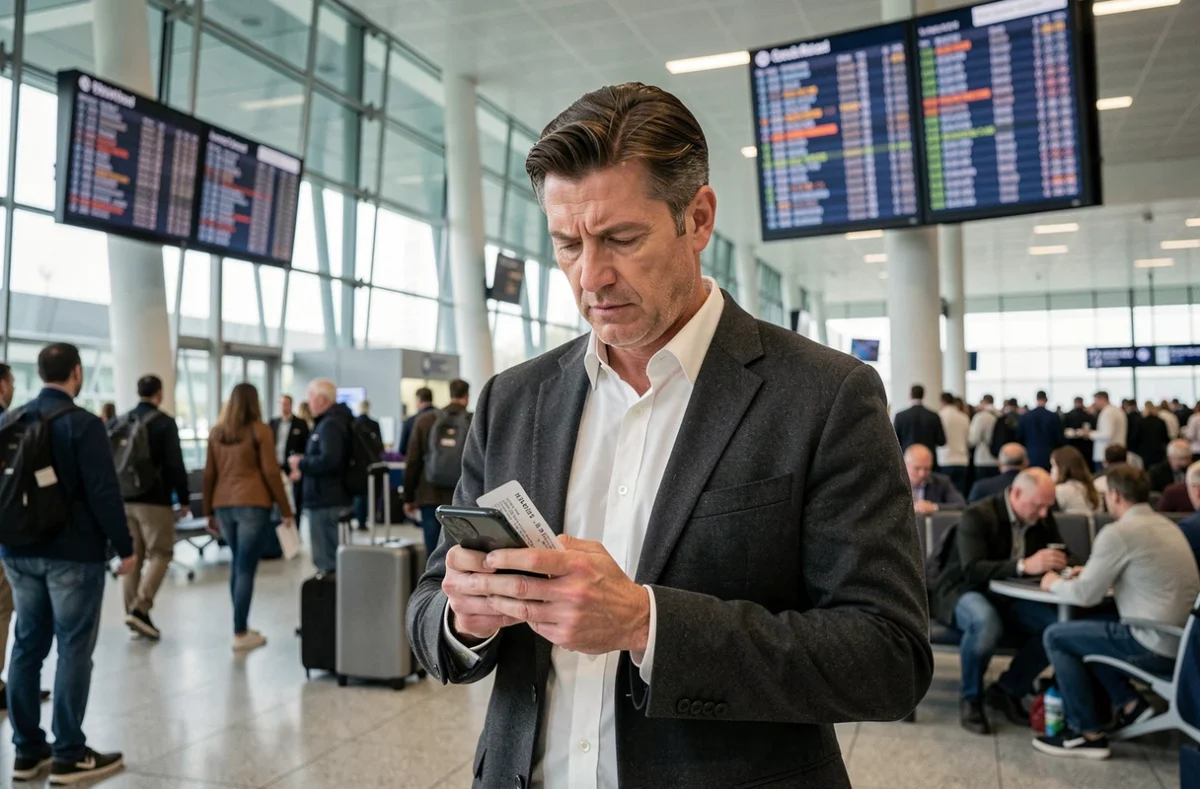 Homme connecté au wifi public d'un aéroport avec son smartphone, risque de piratage et d'interception de données personnelles