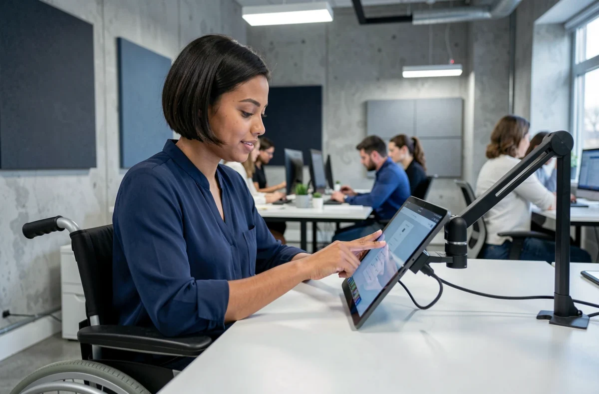 Une jeune femme en fauteuil roulant travaillant sur une tablette tactile dans un open space moderne, symbolisant l'inclusion numérique en entreprise