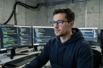 Ingénieur informatique analysant du code de chiffrement sur plusieurs écrans dans un bureau technologique moderne