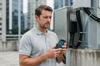 Ingénieur en télécommunications tenant un smartphone affichant un réseau 5G près d'une antenne relais en milieu urbain