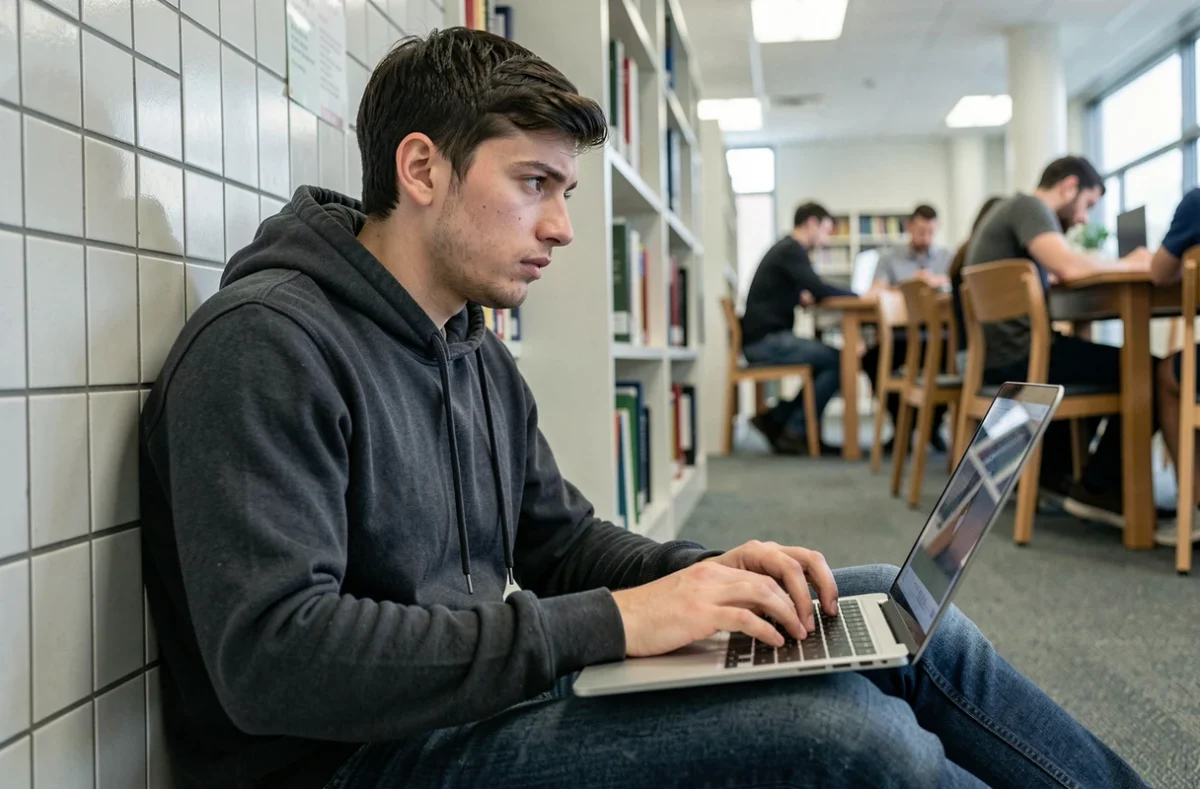 Jeune homme utilisant un ordinateur portable sur un réseau wifi public dans une bibliothèque, vulnérabilité des données sur les réseaux non sécurisés
