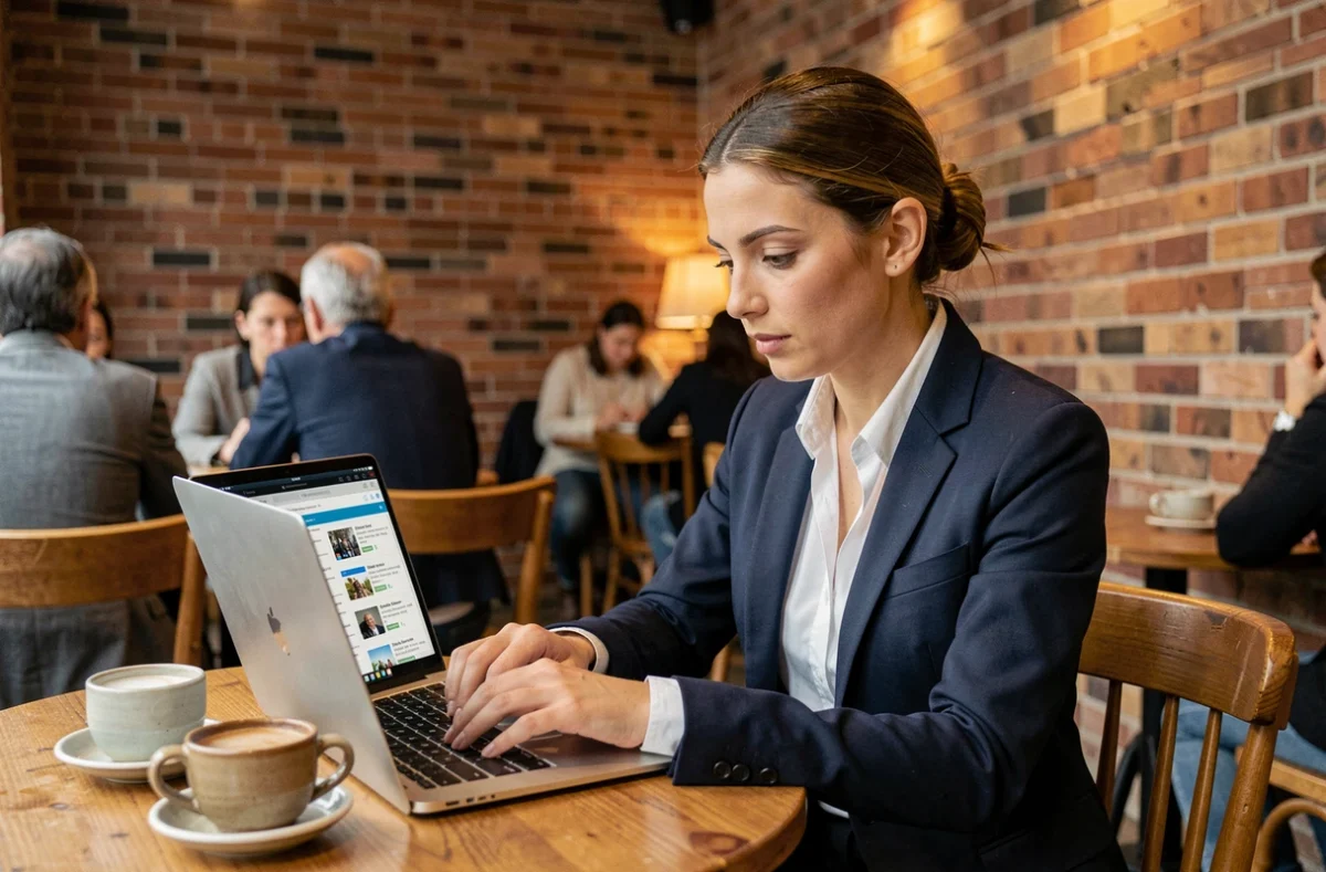 Journaliste utilisant un agrégateur RSS sur un ordinateur portable dans un café urbain