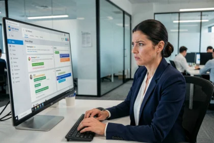 Femme cadre frustrée face aux limitations d'un logiciel CRM sur écran de bureau en open space