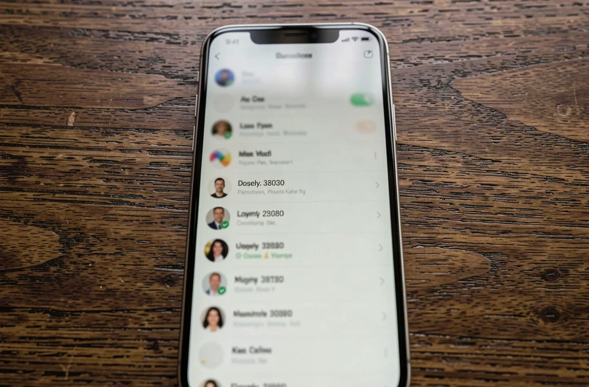 Gros plan d'un smartphone affichant une liste de contacts et de numéros de téléphone sur une table en bois sombre