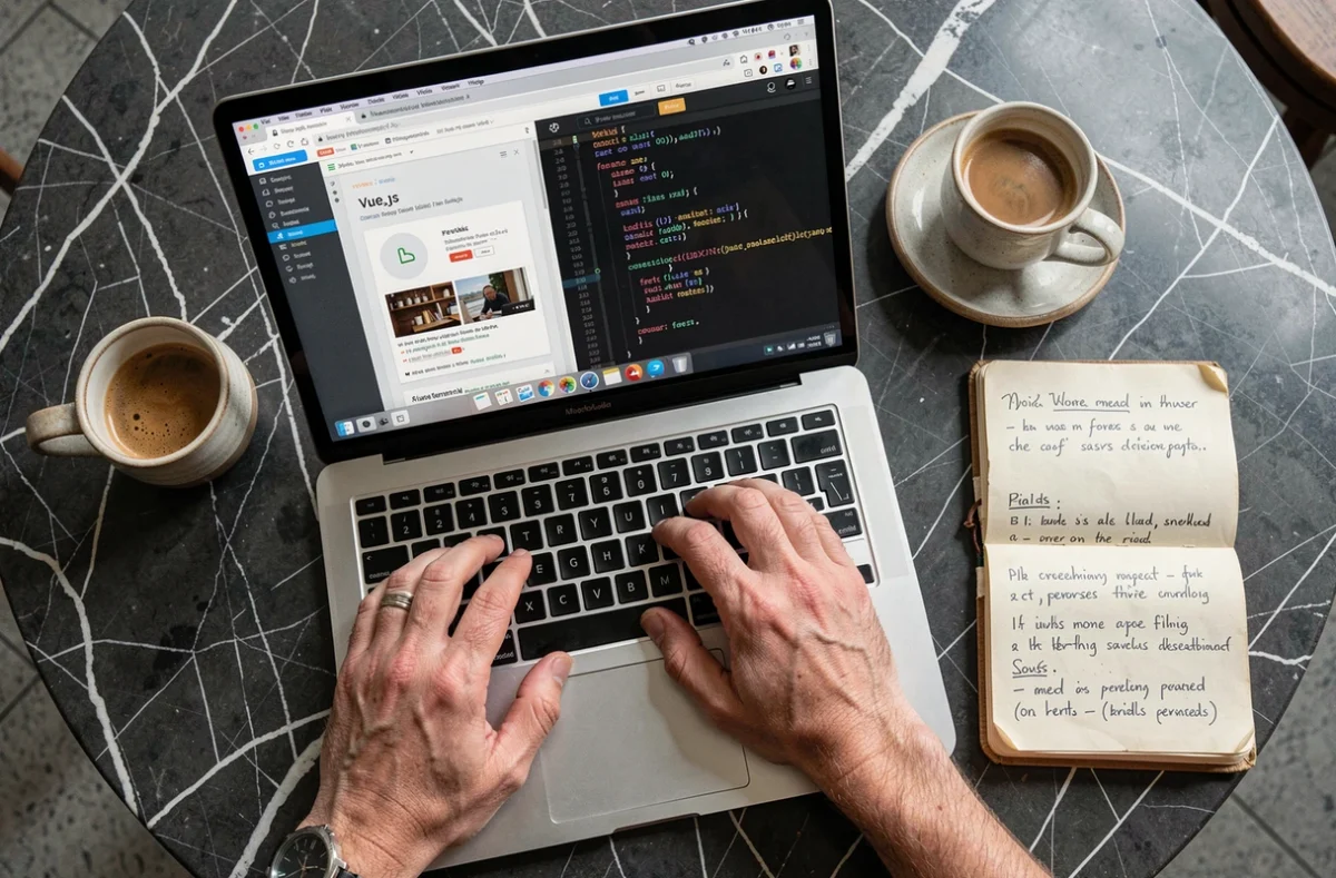 Vue en plongée des mains d'un développeur apprenant Vue.js sur laptop dans un café avec notes manuscrites