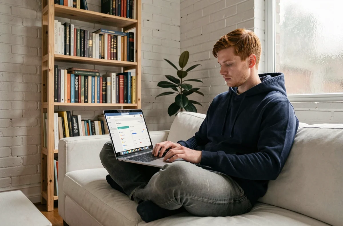 Développeur web consultant les résultats de mesure de vitesse d'un site depuis son domicile sur un ordinateur portable