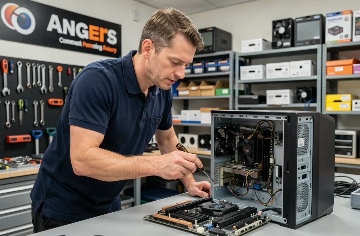 Technicien de Micro Service réparant un ordinateur de bureau dans son atelier à Angers