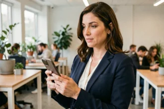 Femme professionnelle en blazer marine utilisant un smartphone dans un espace de coworking moderne, illustrant un échange B2C dans un modèle C2B2C