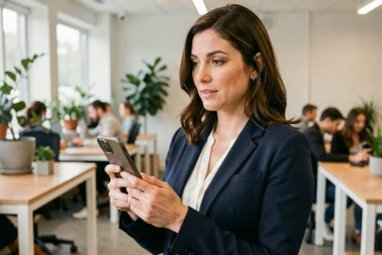 Femme professionnelle en blazer marine utilisant un smartphone dans un espace de coworking moderne, illustrant un échange B2C dans un modèle C2B2C