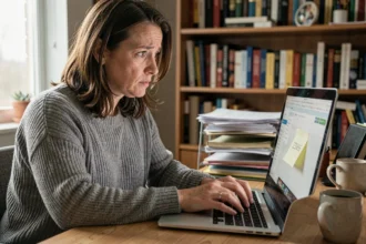 Femme tapant un mot de passe faible sur son ordinateur portable dans un bureau à domicile
