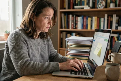 Femme tapant un mot de passe faible sur son ordinateur portable dans un bureau à domicile
