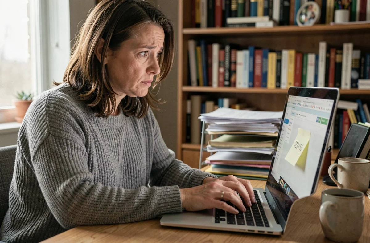 Femme tapant un mot de passe faible sur son ordinateur portable dans un bureau à domicile