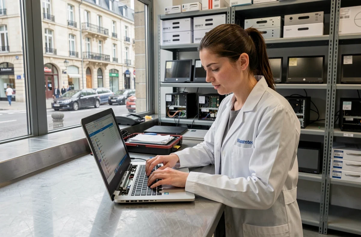 Technicienne de Nantes Informatique Services réparant un ordinateur portable dans un centre professionnel à Nantes