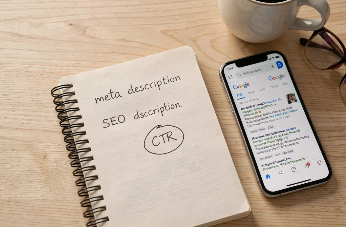 Notes manuscrites sur la meta description et le taux de clics CTR posées sur un bureau avec un smartphone affichant des résultats Google