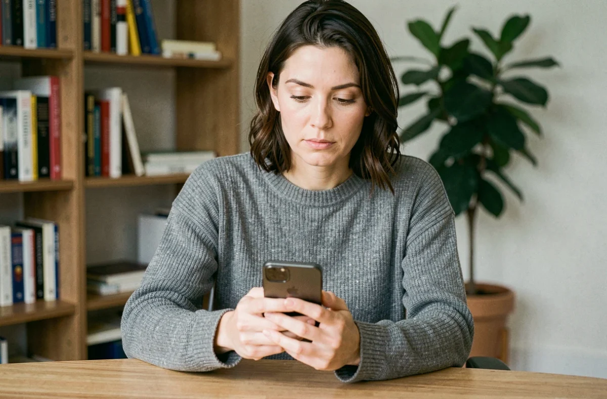 Femme tenant un smartphone et s'interrogeant sur la confidentialité de son numéro de téléphone