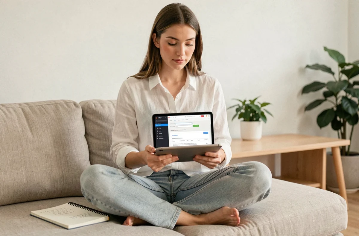 Jeune femme optimisant le contenu de son site web pour le référencement gratuit depuis son salon avec une tablette et des notes manuscrites