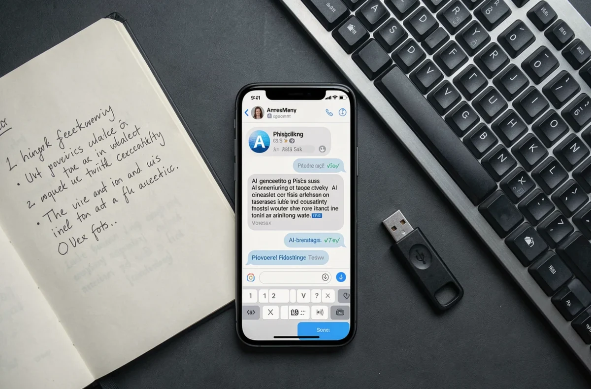 Vue de dessus d'un smartphone affichant un SMS de phishing par IA, accompagné d'un carnet de notes sur la cybersécurité et d'une clé USB