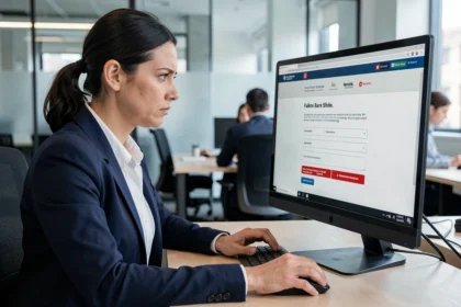 Femme en entreprise analysant un email de phishing suspect sur son ordinateur de bureau