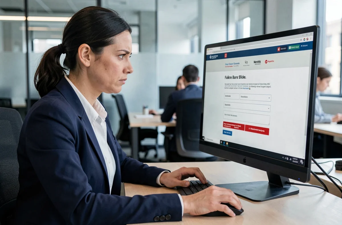 Femme en entreprise analysant un email de phishing suspect sur son ordinateur de bureau