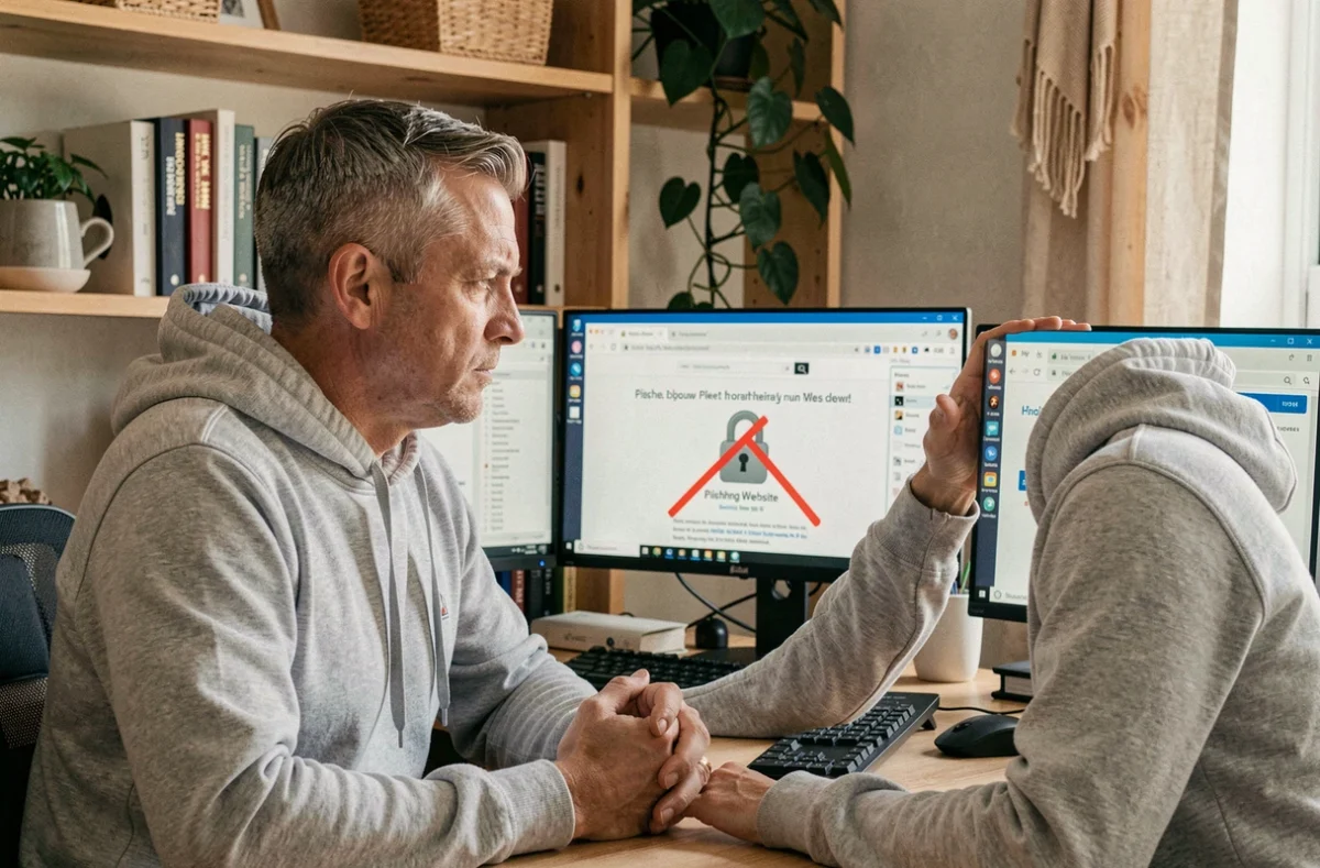 Homme en télétravail confronté à une alerte de sécurité contre le phishing sur son navigateur