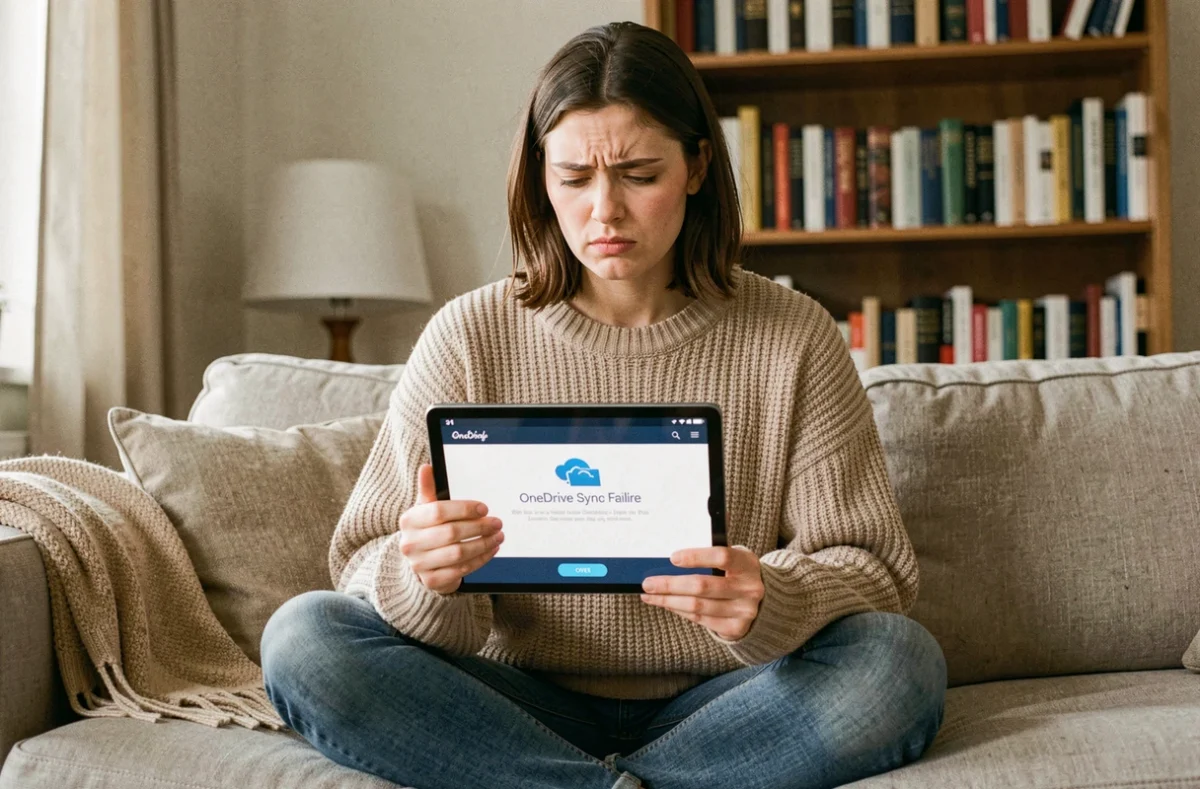 Femme inquiète consultant une erreur de synchronisation OneDrive sur sa tablette à la maison