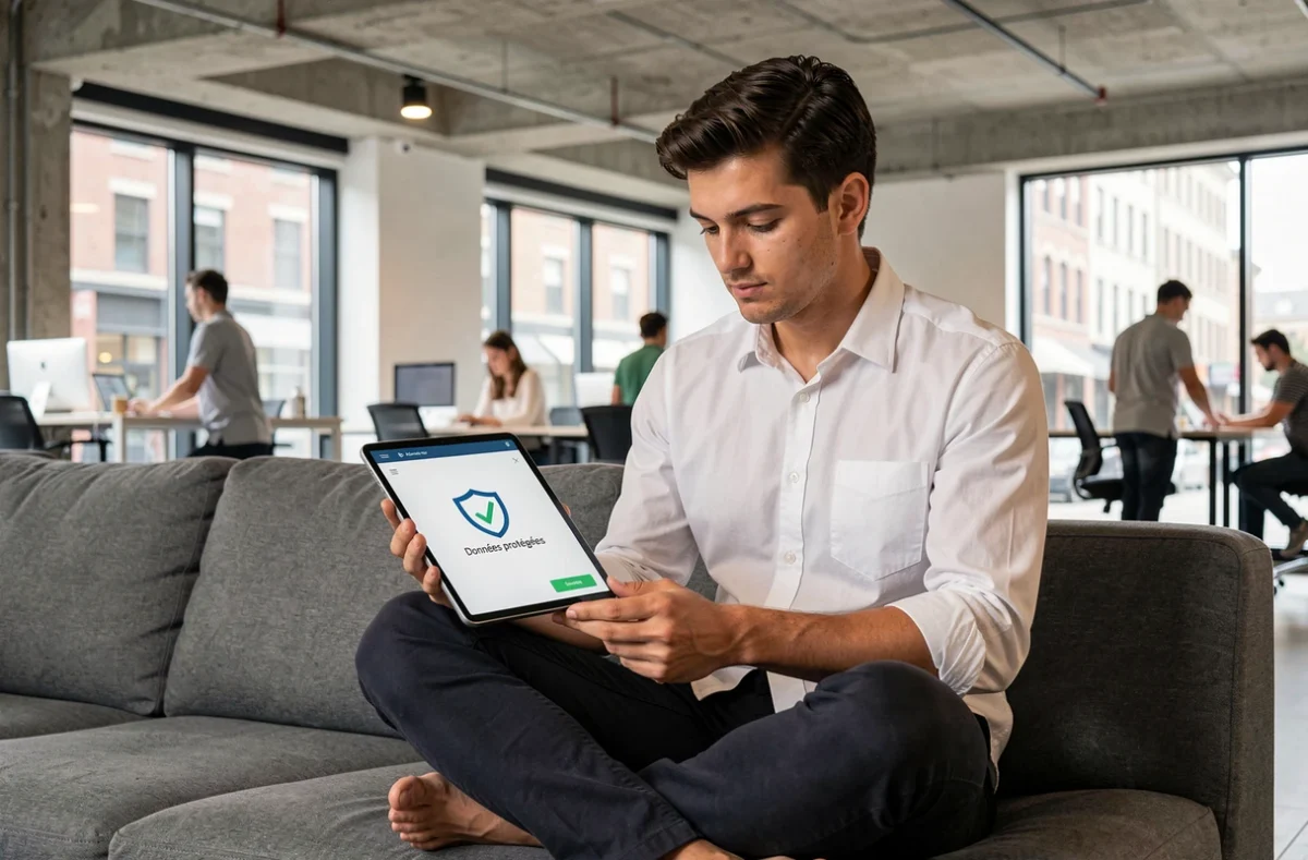 Jeune professionnel consultant une notification de sauvegarde réussie sur tablette dans un espace de coworking