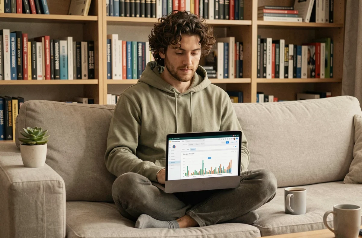 Jeune professionnel travaillant sur la recherche de mots-clés SEO depuis son bureau à domicile avec un ordinateur portable