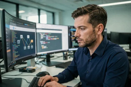 Professionnel en sécurité informatique analysant un certificat HTTPS sur un moniteur de bureau moderne