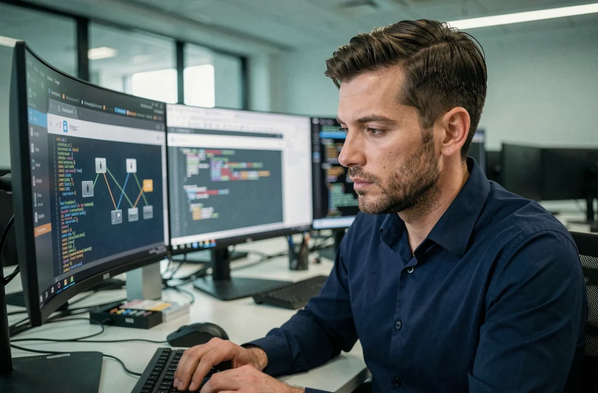 Professionnel en sécurité informatique analysant un certificat HTTPS sur un moniteur de bureau moderne