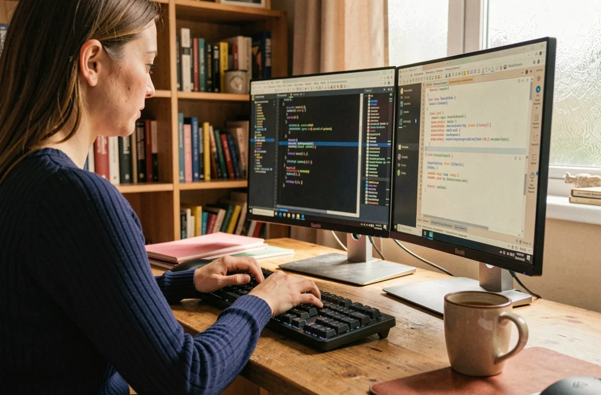 Programmeuse travaillant sur un IDE en double écran dans un bureau à domicile confortable