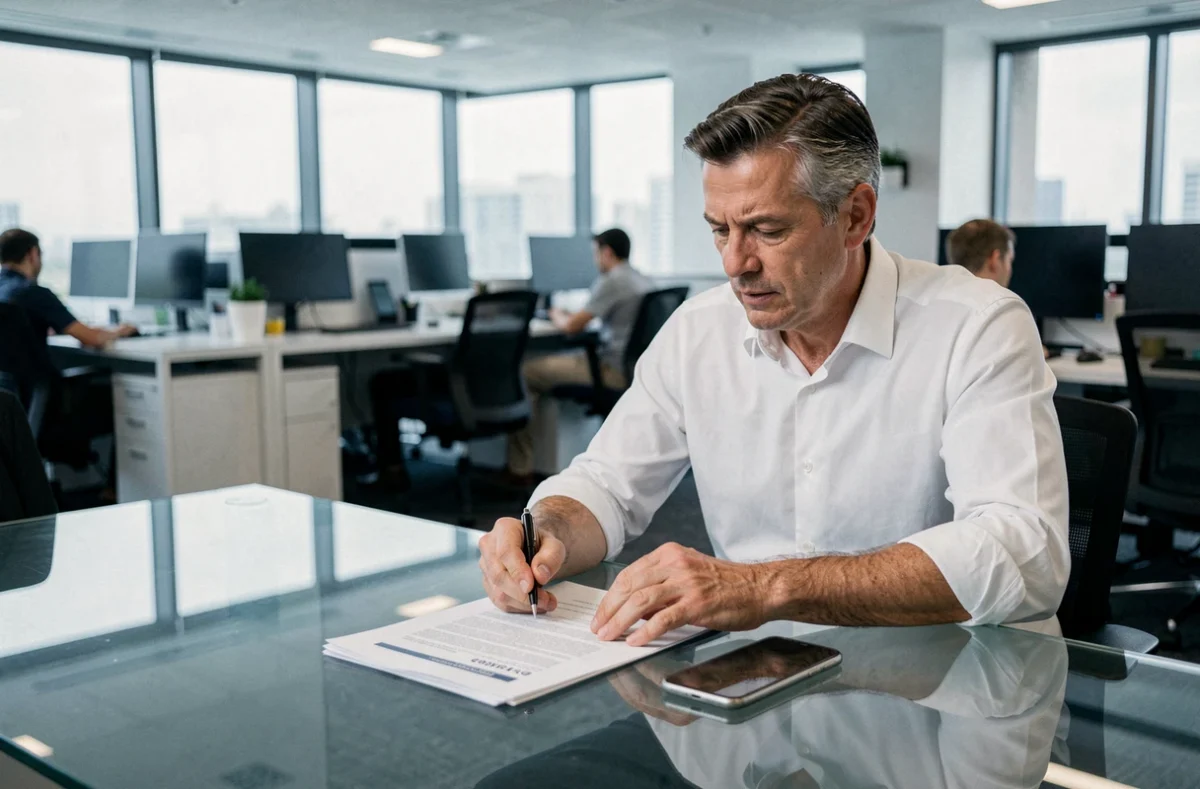 Homme d'affaires consultant un document juridique sur la protection des données personnelles avec un téléphone posé sur la table