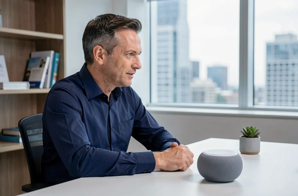 Homme utilisant un assistant vocal Google Nest pour effectuer une recherche vocale au bureau