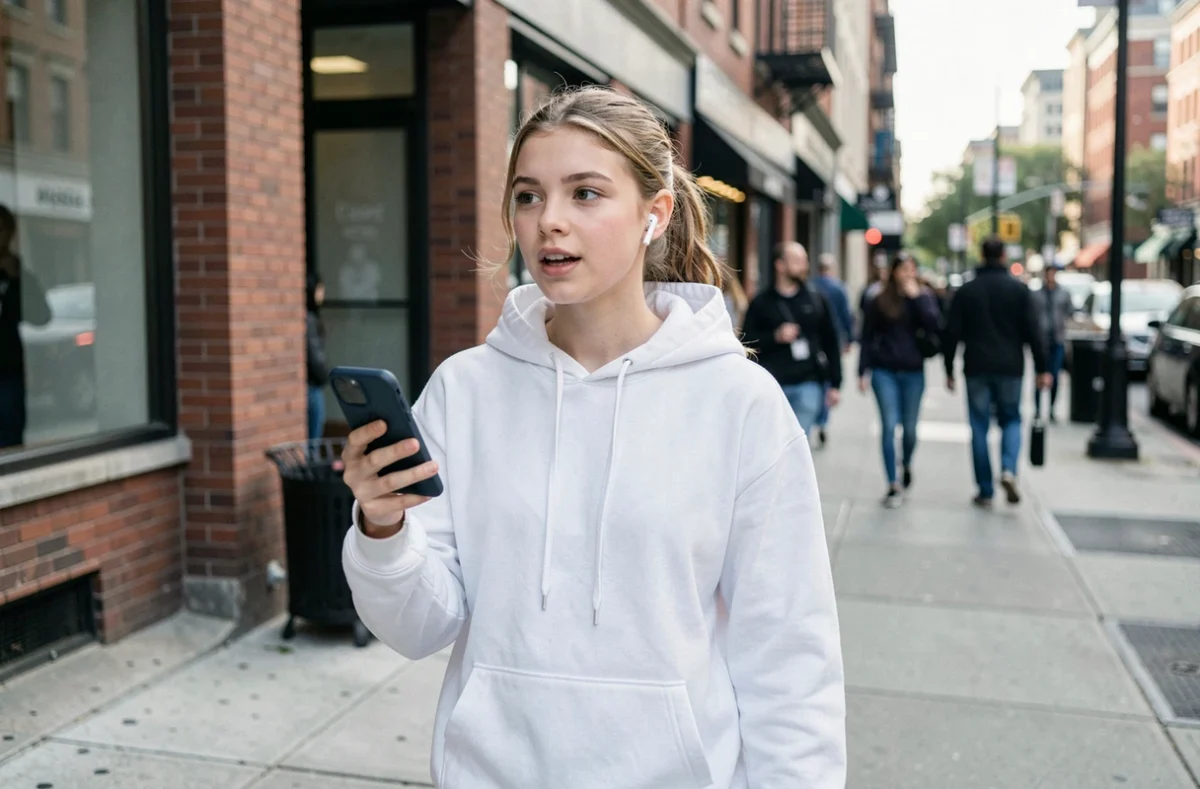 Jeune femme utilisant la recherche vocale Google en marchant dans la rue avec son smartphone