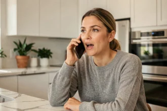 Femme utilisant la recherche vocale Google sur son smartphone dans une cuisine moderne