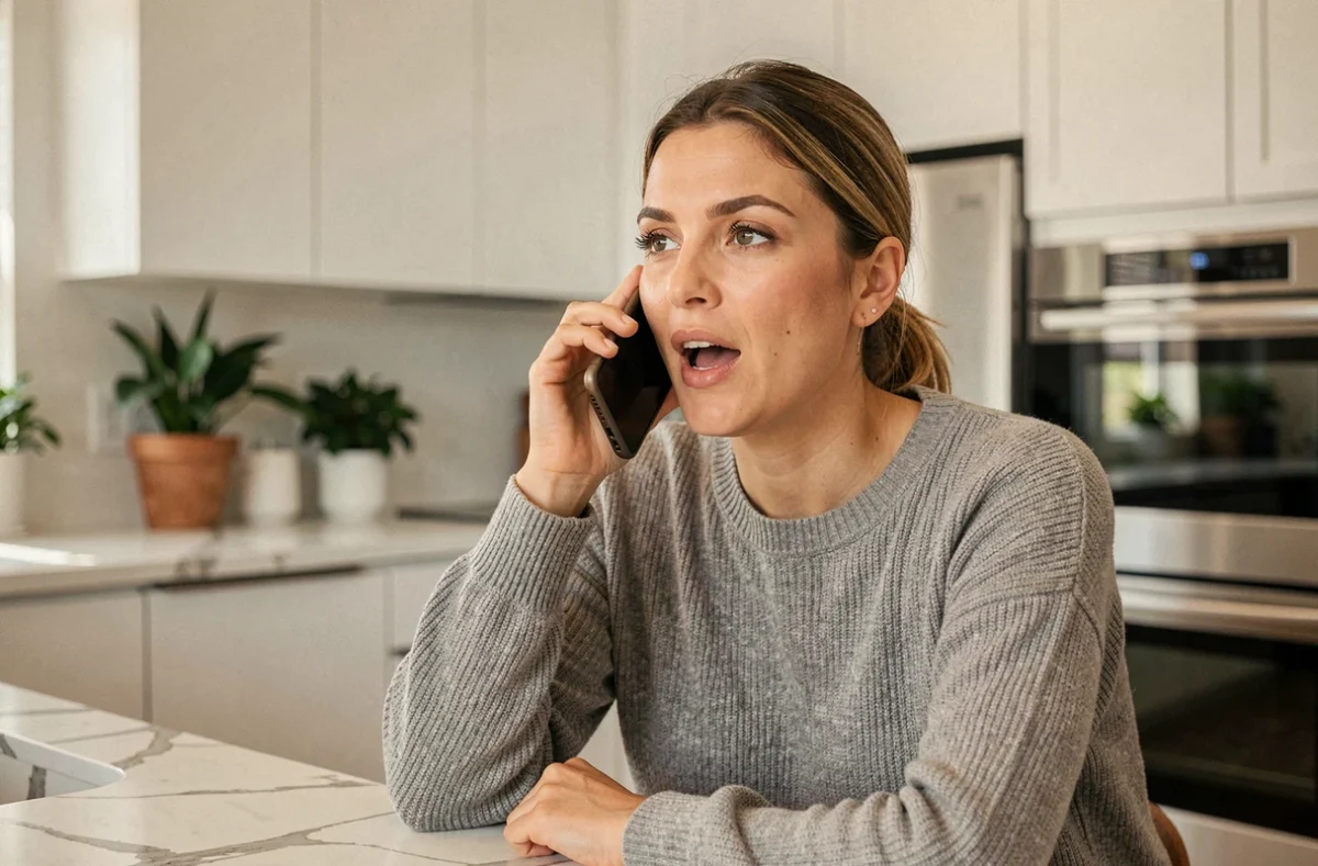 Femme utilisant la recherche vocale Google sur son smartphone dans une cuisine moderne