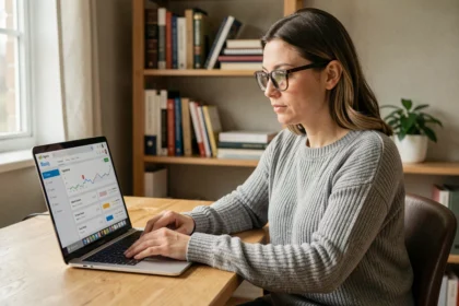 Femme travaillant sur une stratégie de référencement gratuit depuis son bureau à domicile avec un tableau de bord SEO ouvert sur son ordinateur portable